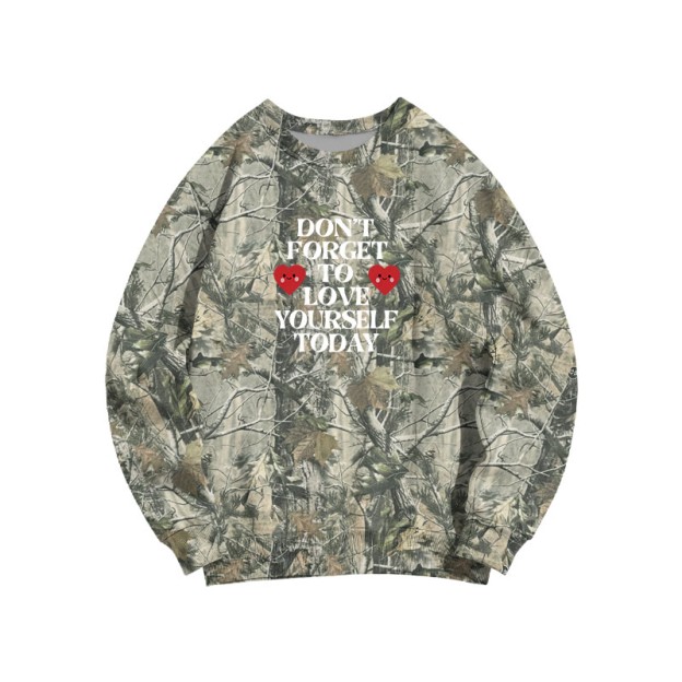 Camo Love Yourself Today Heart Graphic Round Neck Sweatshirt - Dark Green Camo - 3XL - image 3