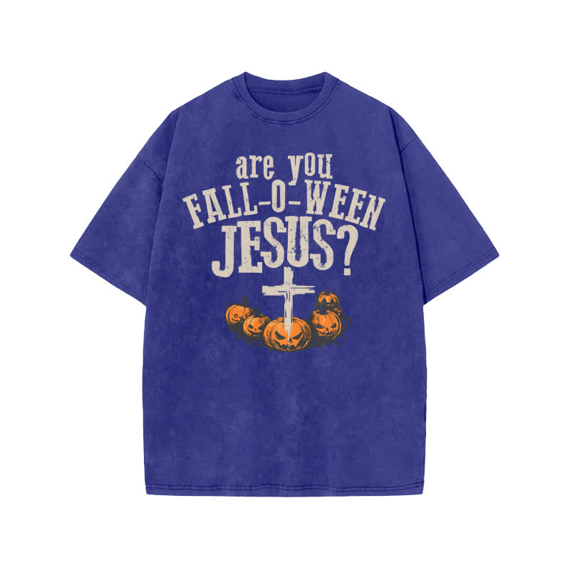 Unisex 100% Cotton Are You Falloween Jesus Print Acid Washed T-shirt - Blue - US20-22(3XL) - image 8