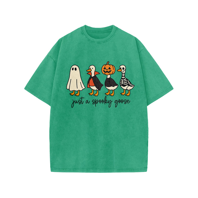 Unisex 100% Cotton Just A Spooky Goose Print Acid Washed T-shirt - Green - US20-22(3XL) - image 6