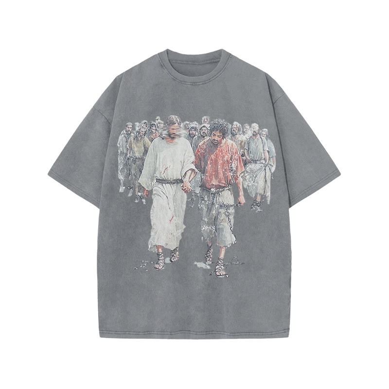 Unisex 100% Cotton Bear The Yoke Together, Suffer Together Print Acid Washed T-shirt - Grey - US20-22(3XL) - image 3