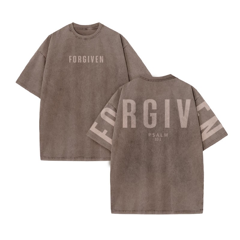 Unisex Forgiven Psalm 32:1 Print Acid Washed T-shirt - Coffee - US20-22(3XL) - image 4