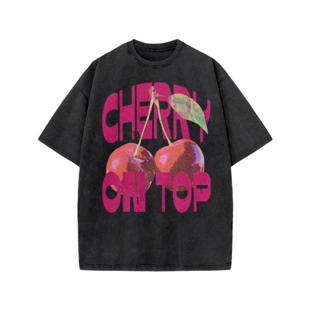 Cherry On Top Print Acid Washed T-shirt - Black - US20-22(3XL) - image 3