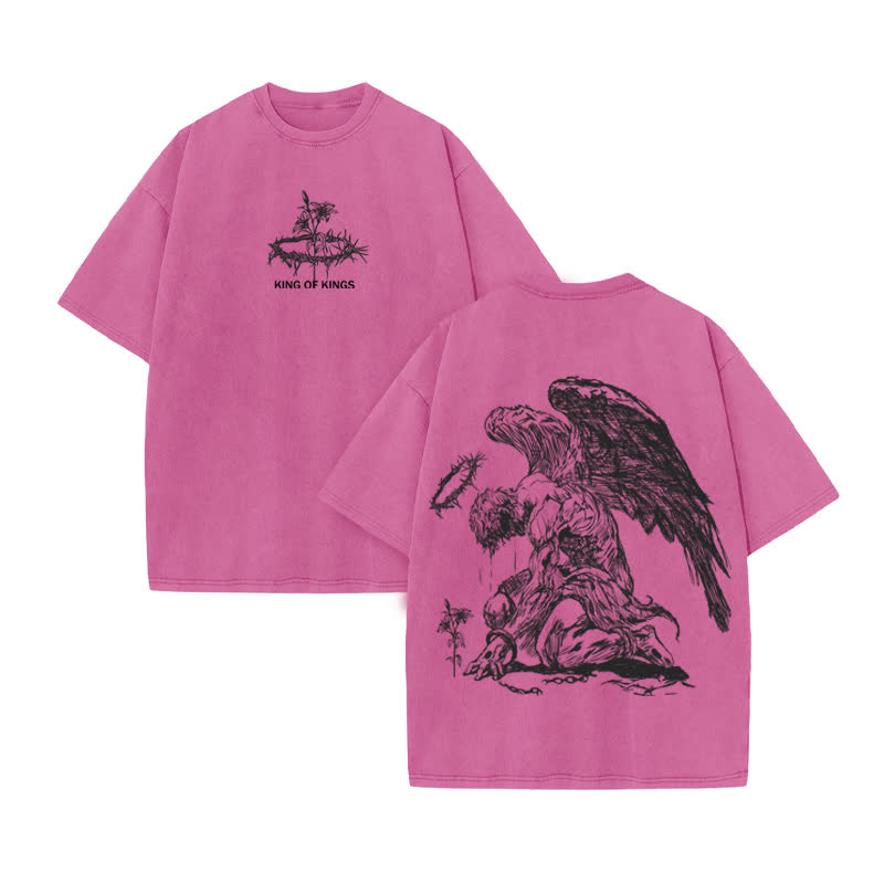 Unisex 100% Cotton Flower Of Hope King Of Kings Print Acid Washed T-shirt - Pink - US20-22(3XL) - image 8