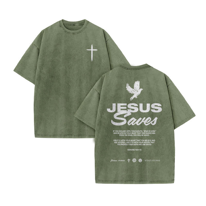 Unisex 100% Cotton Jesus Saves Cross Print Acid Washed T-shirt - Army Green - US20-22(3XL) - image 9