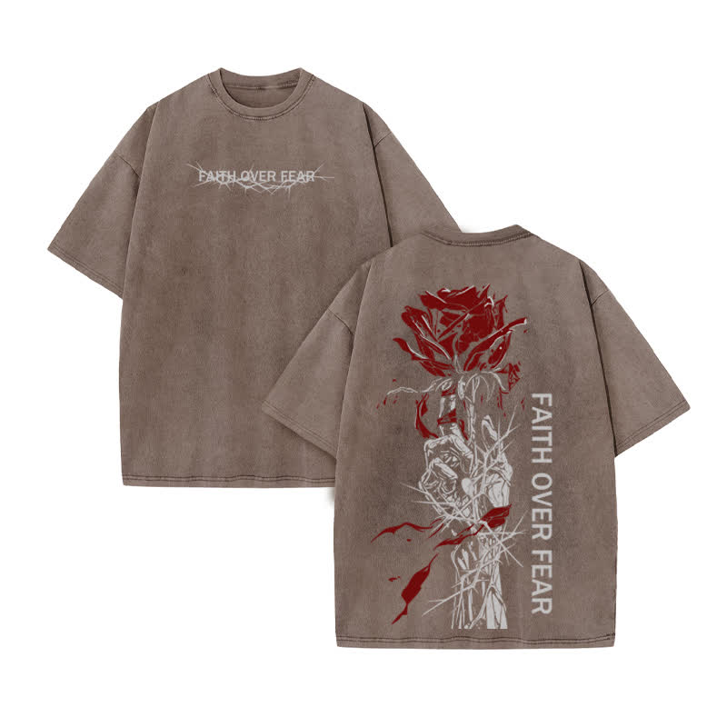 Unisex 100% Cotton Faith Over Fear Print Acid Washed T-shirt - Coffee - US20-22(3XL) - image 4