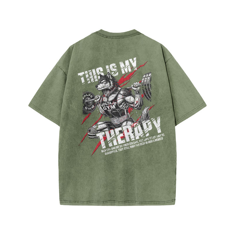 100% Cotton This Is My Therapy Gym Print Acid Washed T-shirt - Army Green - US20-22(3XL) - image 6