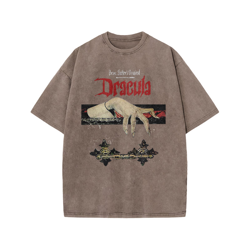 Unisex 100% Cotton Dracula Hand Print Acid Washed T-shirt - Coffee - US20-22(3XL) - image 8