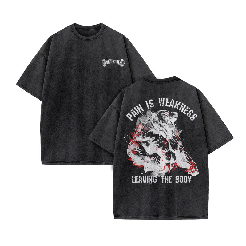 100% Cotton Pain Is  Weakness Leaving The Body Gym Print Acid Washed T-shirt - image 5