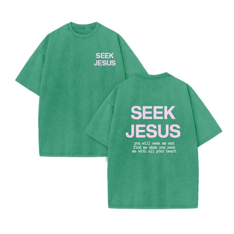 You Will Seek Me And Find Me When You Seek Me With All Your Heart Print Acid Washed T-shirt - Green - US20-22(3XL) - image 7