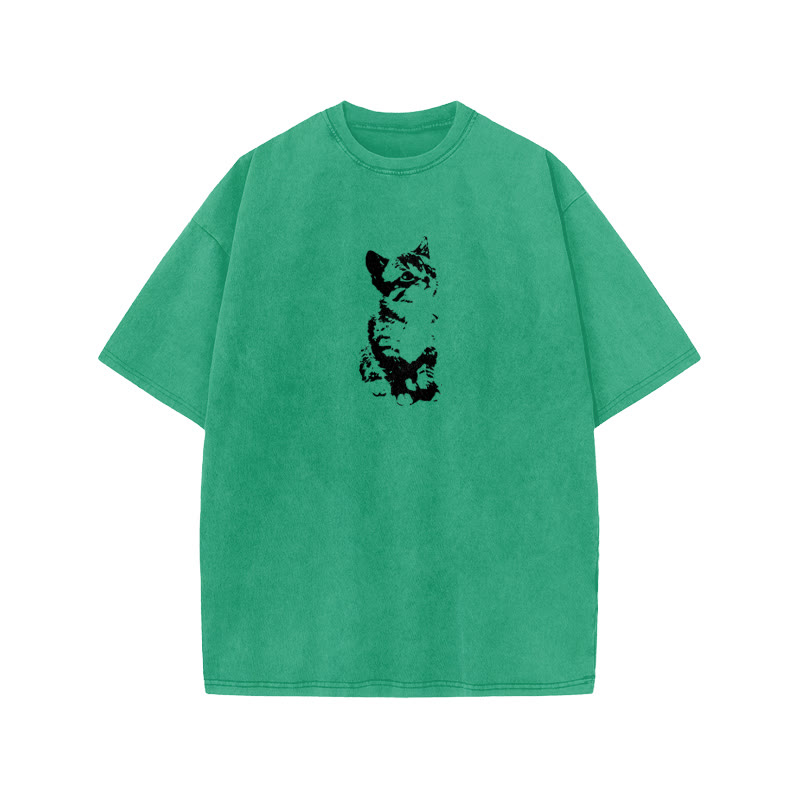 Unisex 100% Cotton Cute Cat Print Acid Washed T-shirt - Green - US20-22(3XL) - image 6