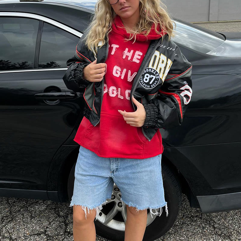 Street Style Just Here To Give God Glory Cross-letter Patch Embroidered Loose Unisex Hoodie