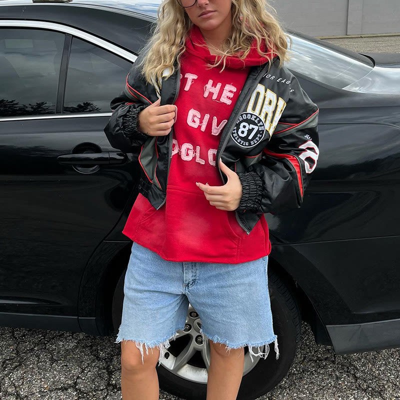 Street Style Just Here To Give God Glory Cross-letter Patch Embroidered Loose Unisex Hoodie