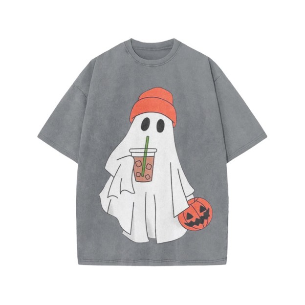 Unisex Halloween Ghost Drinking Coffee Print Acid Washed T-shirt - Grey - US20-22(3XL) - image 9