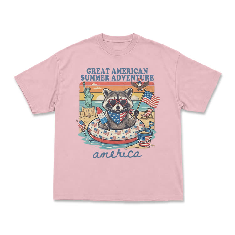 Vintage American Summer Adventure Raccoon Graphic T-Shirt - Pink - US16-18(2XL) - image 5