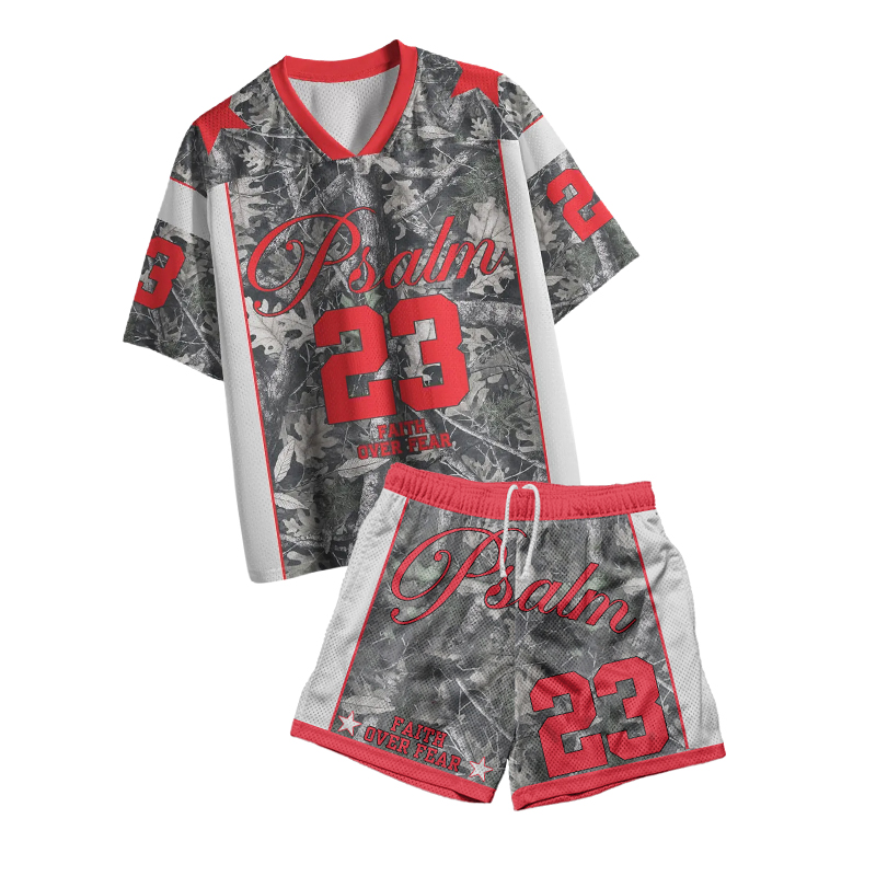 Psalm 23 Faith Over Fear Dead Leaves Camouflage Print Mesh T-shirt Set - Grey - 4XL - image 1