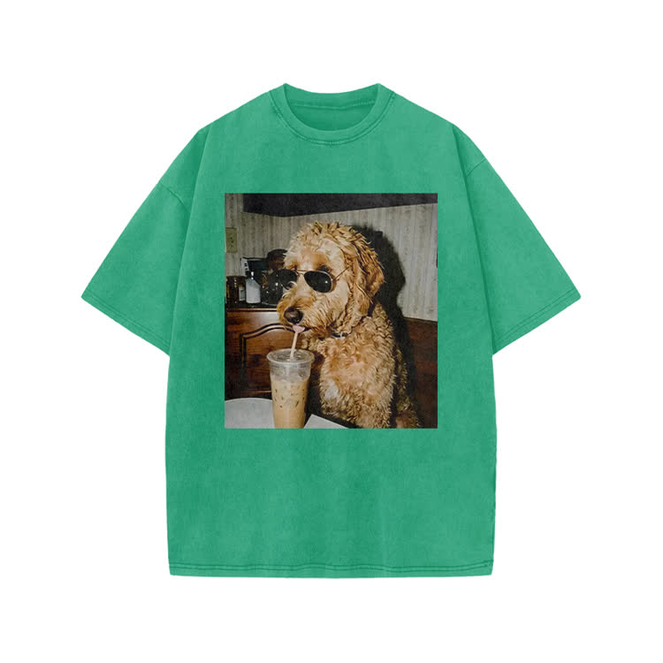 Playful Dog Photo Print Acid Washed T-shirt - Green - US20-22(3XL) - image 9