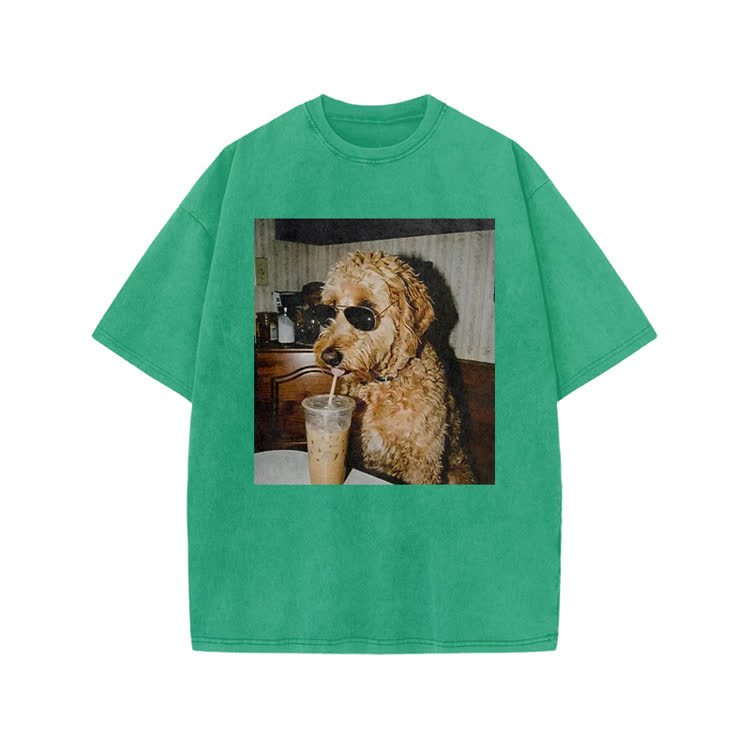 Playful Dog Photo Print Acid Washed T-shirt - Green - US20-22(3XL) - image 9