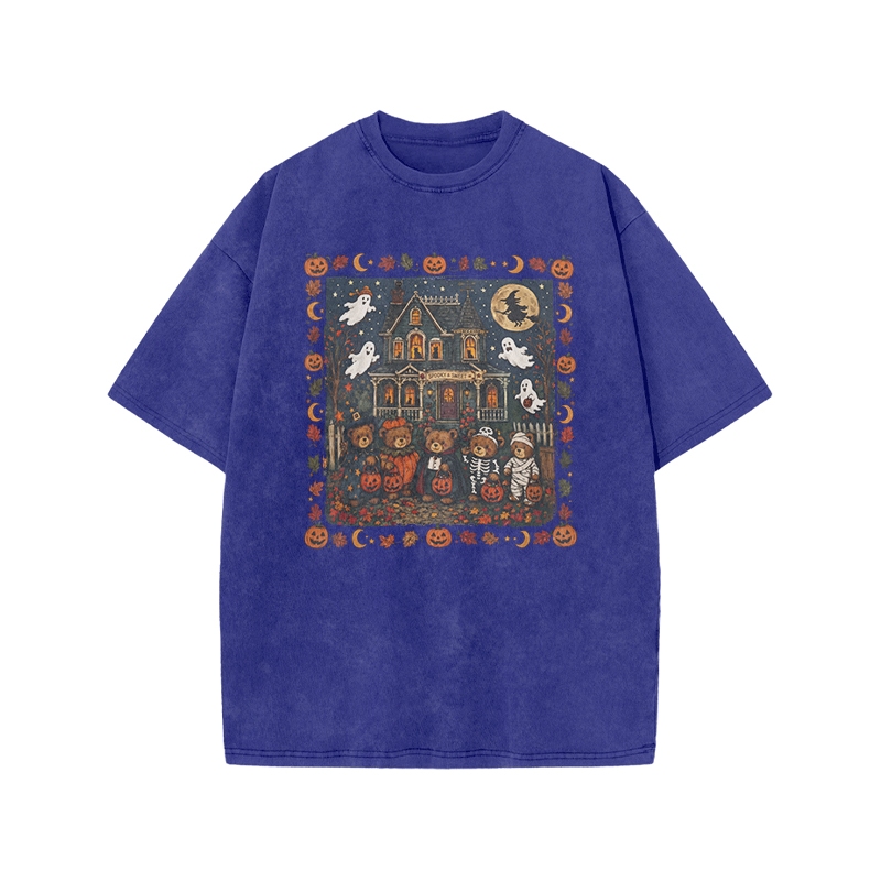 Halloween Haunted House Print Acid Washed T-Shirt - Blue - US20-22(3XL) - image 3