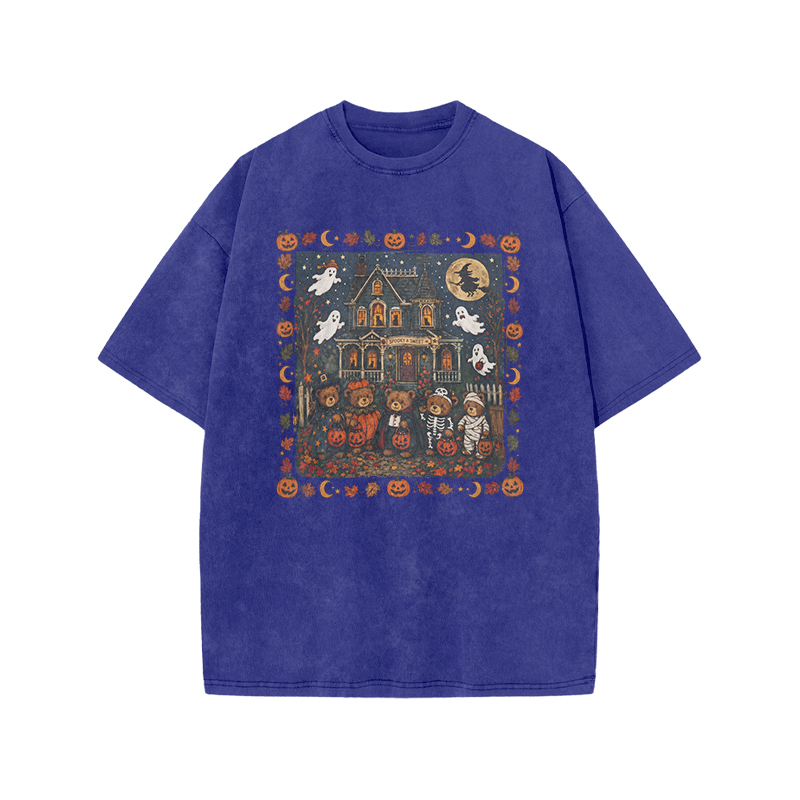  Halloween Haunted House Print Acid Washed T-Shirt - Blue - US20-22(3XL) - image 3