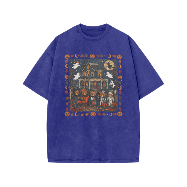  Halloween Haunted House Print Acid Washed T-Shirt - Blue - US20-22(3XL) - image 3