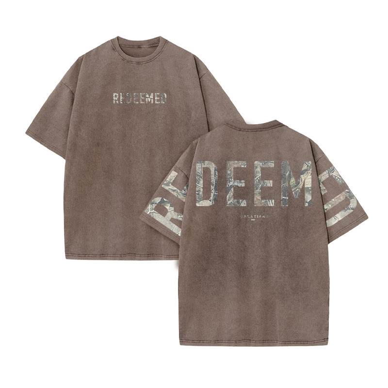 Redeemed Galatians 2:20 Dead Leaves Camouflage Print Acid Washed T-shirt - Coffee - US20-22(3XL) - image 4