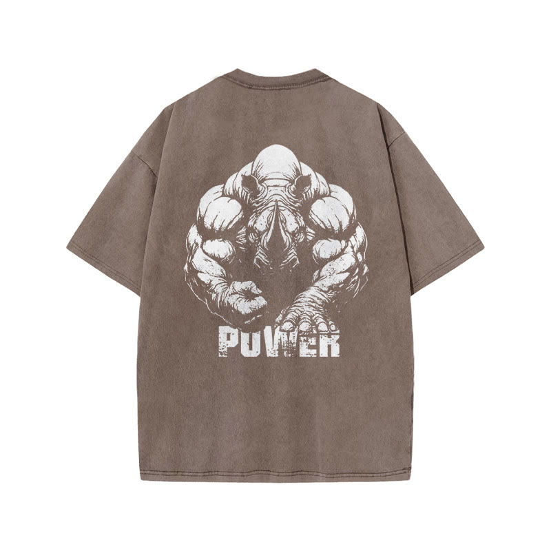 100% Cotton POWER Rhinoceros Gym Print Acid Washed T-shirt - Coffee - US20-22(3XL) - image 5