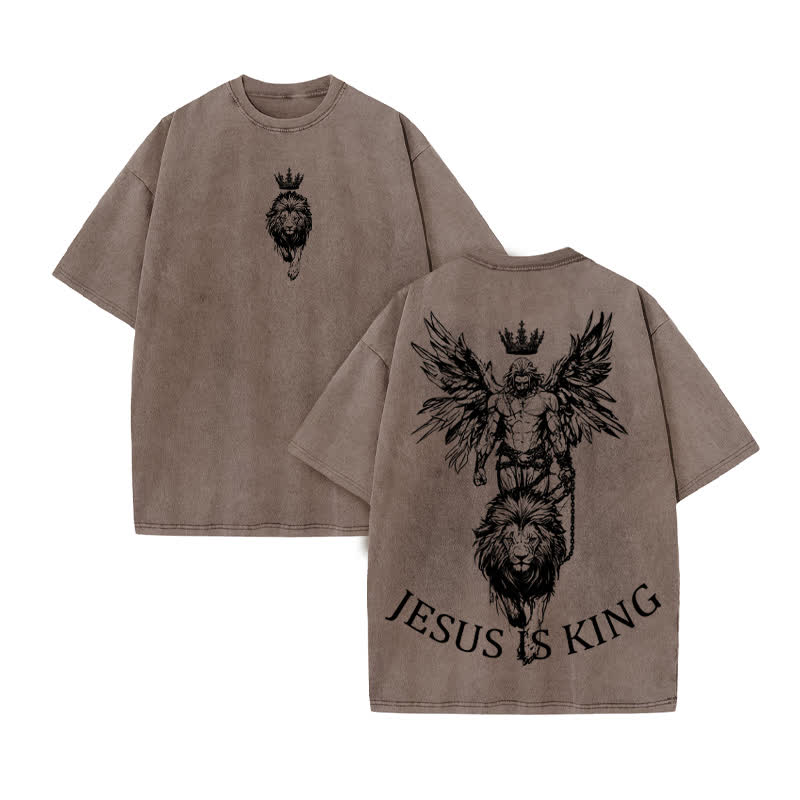 Unisex 100% Cotton JESUS IS KING Print Acid Washed T-shirt - Coffee - US20-22(3XL) - image 4
