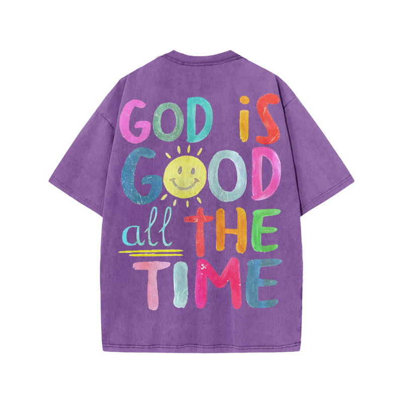 Unisex God Is Good All The Time Print Acid Washed T-shirt - Purple - US20-22(3XL) - image 7