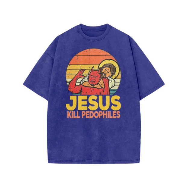 Jesus Kill Pedophiles Print Acid Washed T-shirt - Blue - US20-22(3XL) - image 6