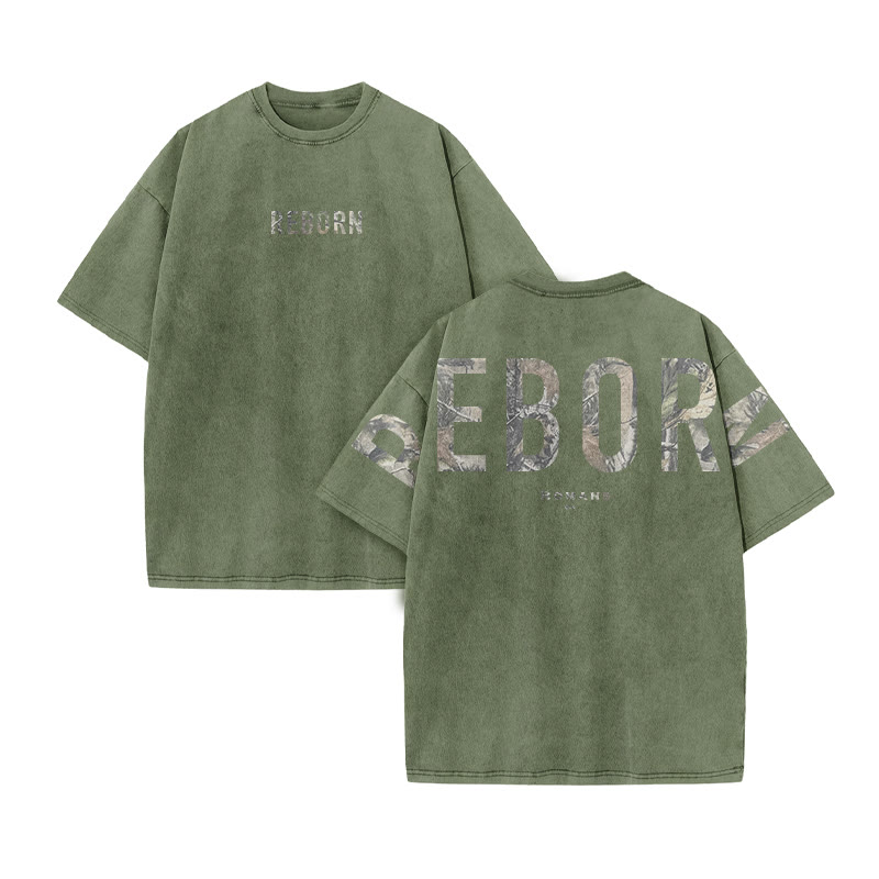 Reborn Romans 6:4 Dead Leaves Camouflage Print Acid Washed T-shirt - Army Green - US20-22(3XL) - image 6