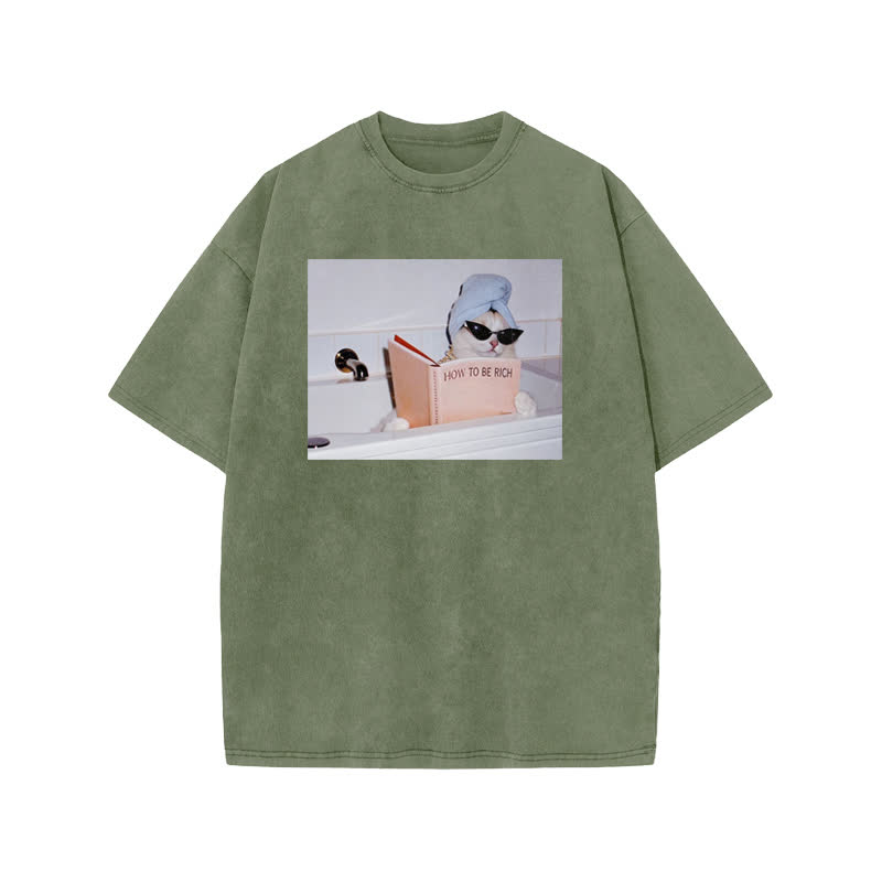 Unisex 100% Cotton How To Be Rich Print Acid Washed T-shirt - Army Green - US20-22(3XL) - image 5