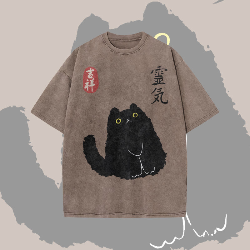 Unisex 100% Cotton Lucky Cat Japanese Print Acid Washed T-shirt