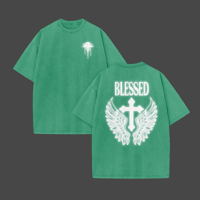 Blessed Cross Reflective Print Acid Washed T-shirt - Green - US20-22(3XL) - image 10