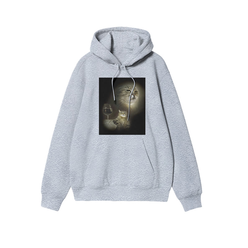 Unisex 100% Cotton Cat And Wine Print Hoodie - Grey - US16-18(2XL) - image 3