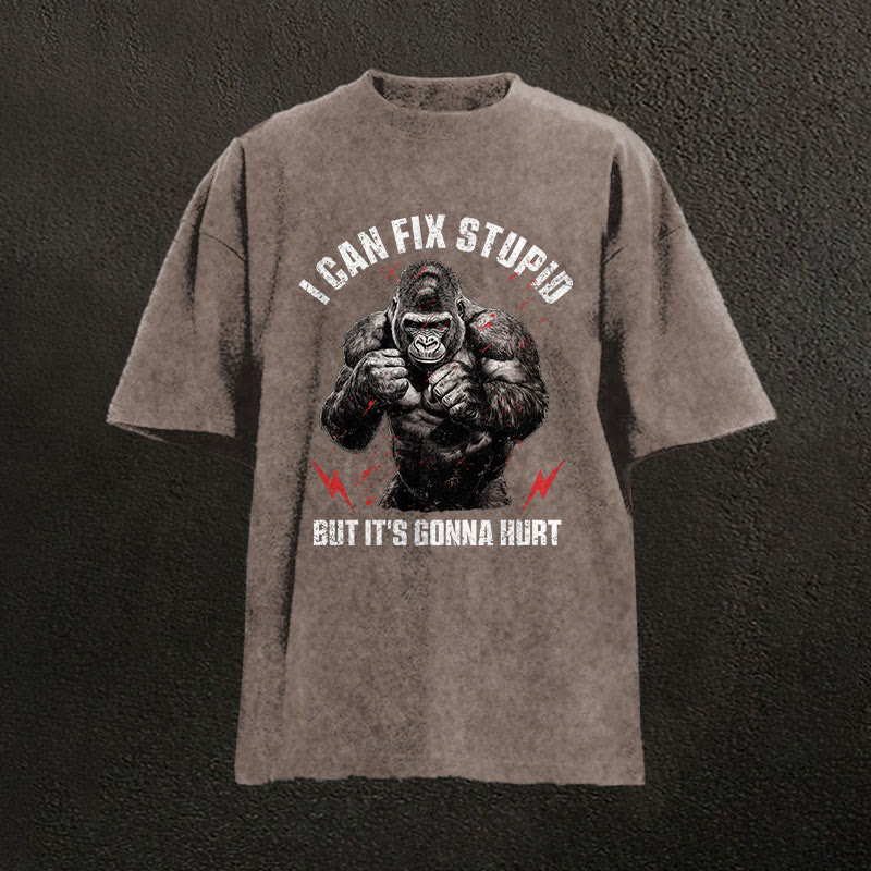 100% Cotton I Can Fix Stupid Gym Print Acid Washed T-shirt - Coffee - US20-22(3XL) - image 3