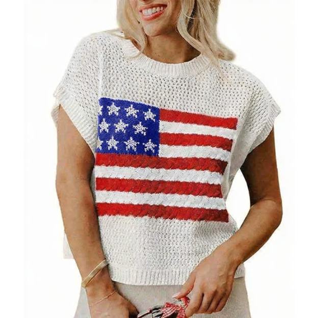 Summer Women's Flag Cutout Design Knitted T-shirt - White - 2XL - image 4