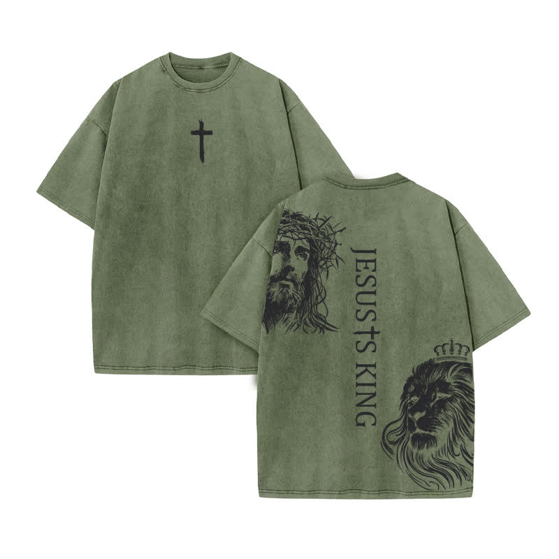 Unisex 100% Cotton Jesus Is King Print Acid Washed T-shirt - Army Green - US20-22(3XL) - image 6