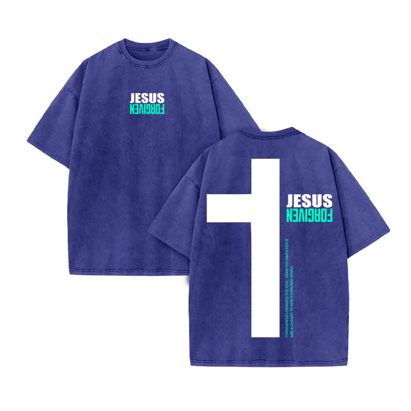 Unisex 100% Cotton Jesus Forgiven Print Acid Washed T-shirt - Blue - US20-22(3XL) - image 10
