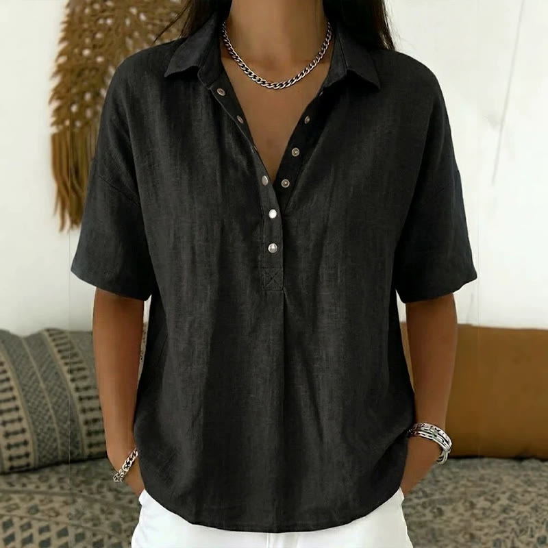 Simple Cozy Solid-color Button-up Short-sleeve Polo Blouse - Black - 3XL - image 6
