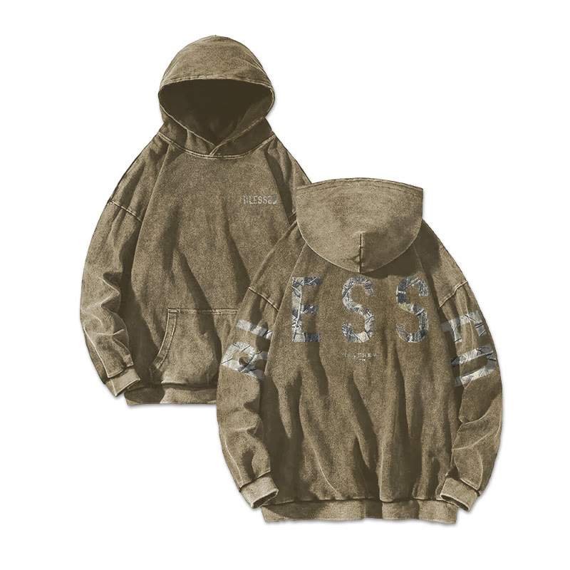 Blessed Matthew 5:3-12 Dead Leaves Camouflage Printed Washed Hoodie  - Khaki - US16-18(2XL) - image 4