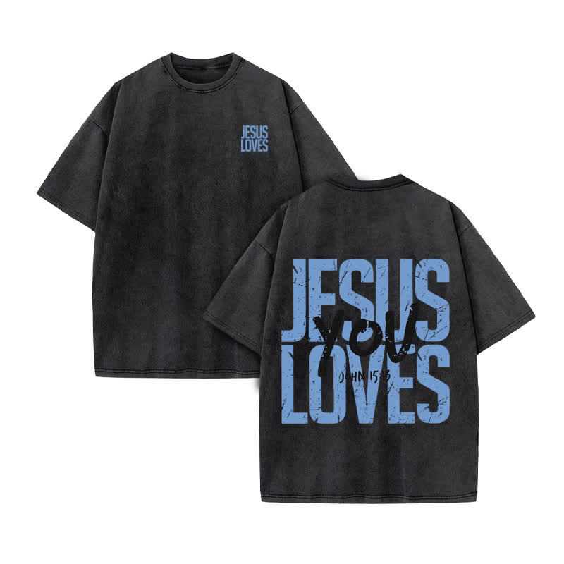 Unisex 100% Cotton JESUS LOVES YOU Print Acid Washed T-shirt - Black - US20-22(3XL) - image 3