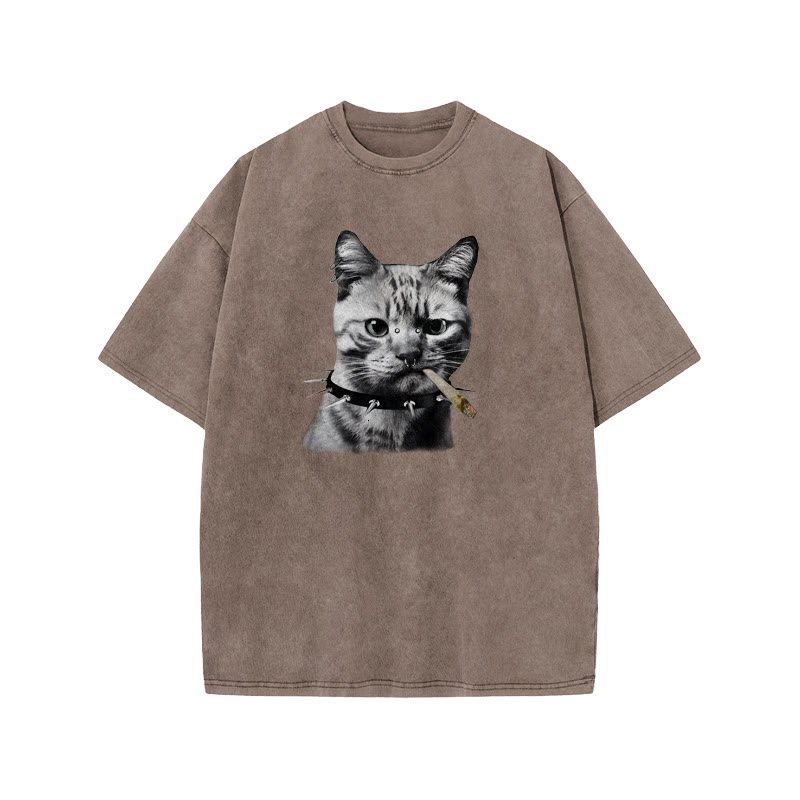 Unisex 100% Cotton Provoking The Cat Print Acid Washed T-shirt - Coffee - US20-22(3XL) - image 3