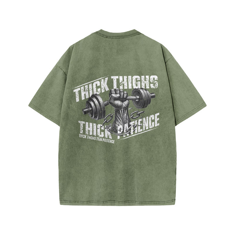 100% Cotton Thick Thighs Thick Patience Gym Print Acid Washed T-shirt - Army Green - US20-22(3XL) - image 5