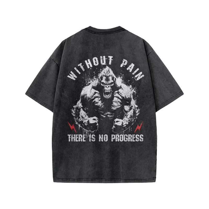 100% Cotton Without Pain There Is No Progress Gym Print Acid Washed T-shirt - image 4