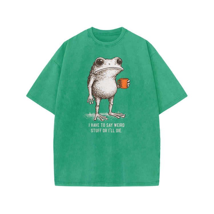 I Have To Say Weird Stuff Or I’ll Die Frog Print Acid Washed T-shirt - Green - US20-22(3XL) - image 7