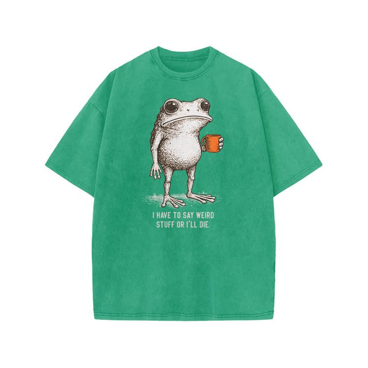I Have To Say Weird Stuff Or I’ll Die Frog Print Acid Washed T-shirt - Green - US20-22(3XL) - image 7