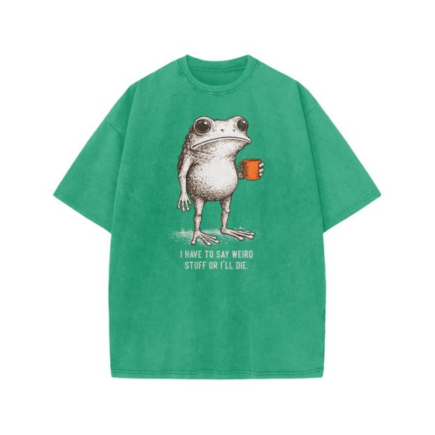 I Have To Say Weird Stuff Or I’ll Die Frog Print Acid Washed T-shirt - Green - US20-22(3XL) - image 7
