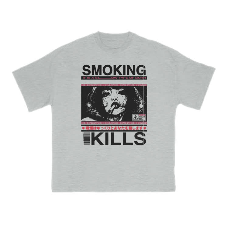 Smoking Kills Retro Manga Style Graphic Print T-Shirt - Grey - US16-18(2XL) - image 5
