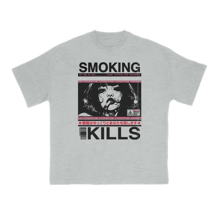 Smoking Kills Retro Manga Style Graphic Print T-Shirt - Grey - US16-18(2XL) - image 5