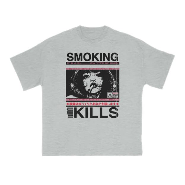 Smoking Kills Retro Manga Style Graphic Print T-Shirt - Grey - US16-18(2XL) - image 5